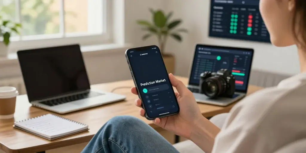 User interacting with a 예측 시장 앱 on a smartphone in a cozy workspace.