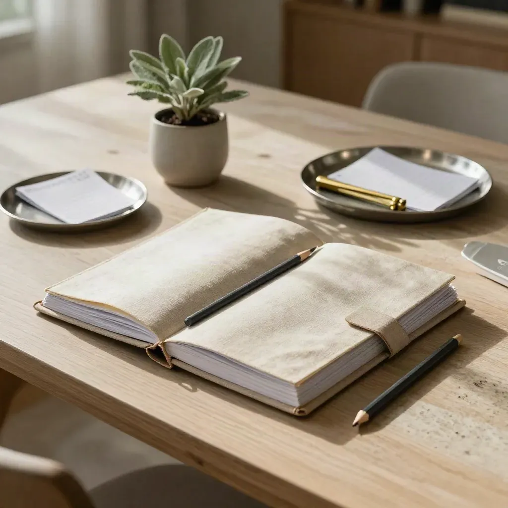 Unpacked wealth mindset workbook, pencil, plant, and planning tray on a linen table in warm window light