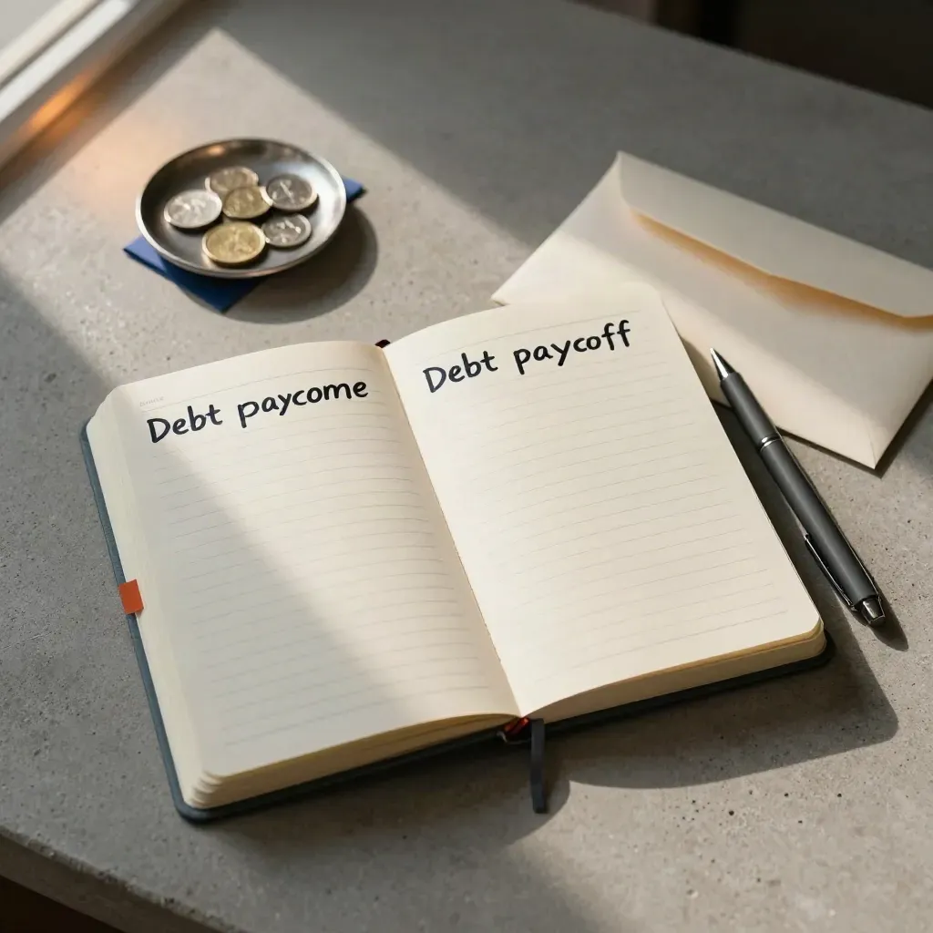 Overhead debt-payoff notebook, tabs, coins, pen, and envelope on concrete in warm late light.