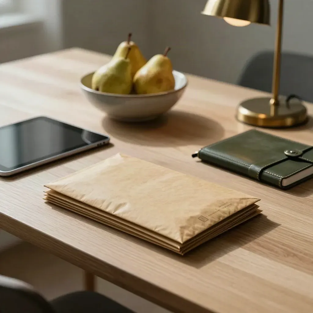 Sunday cash review on a pale oak table with envelopes, tablet, fruit bowl, notebook and brass lamp.