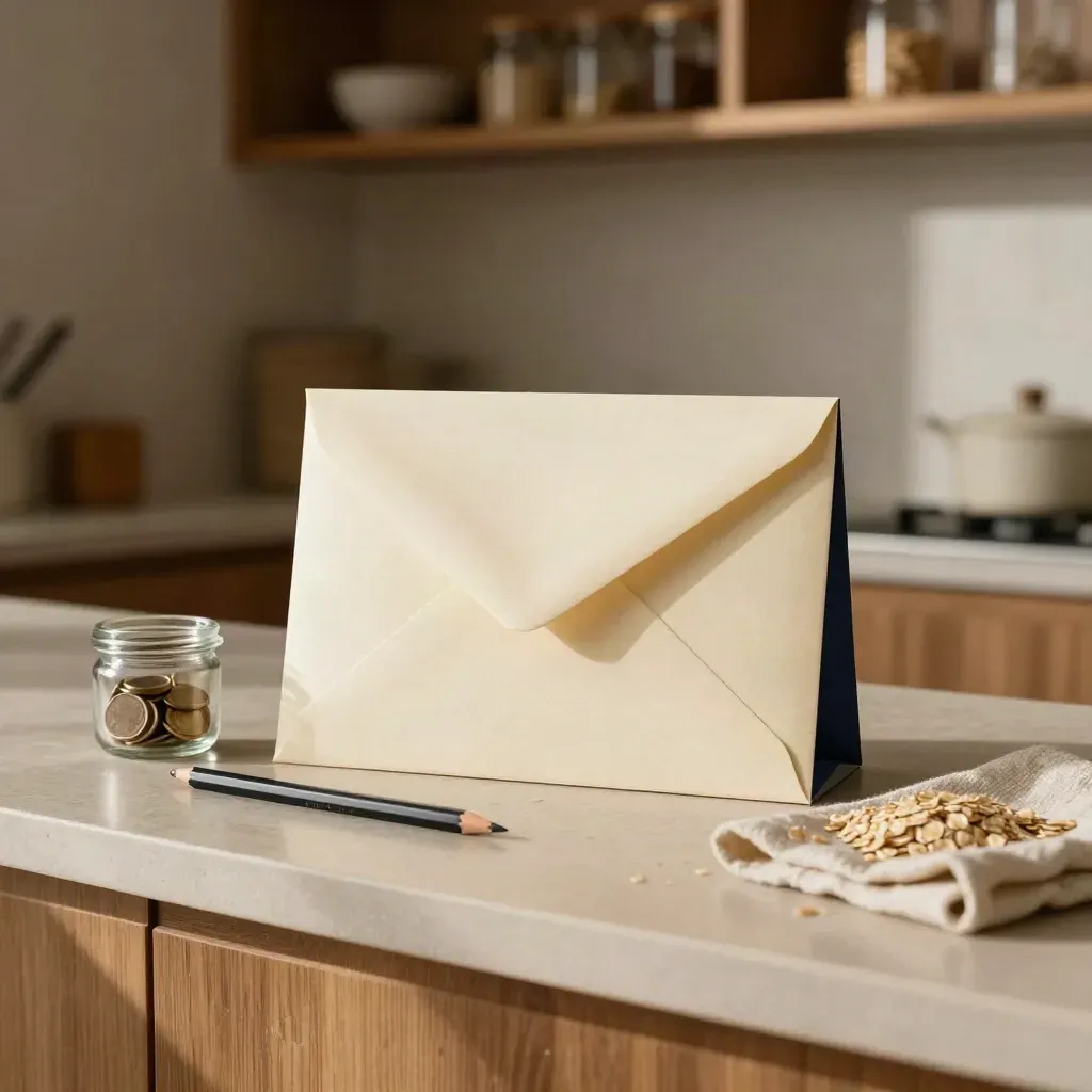 Budget envelope, savings jar, pencil, and cloth on a limestone counter in warm evening light.