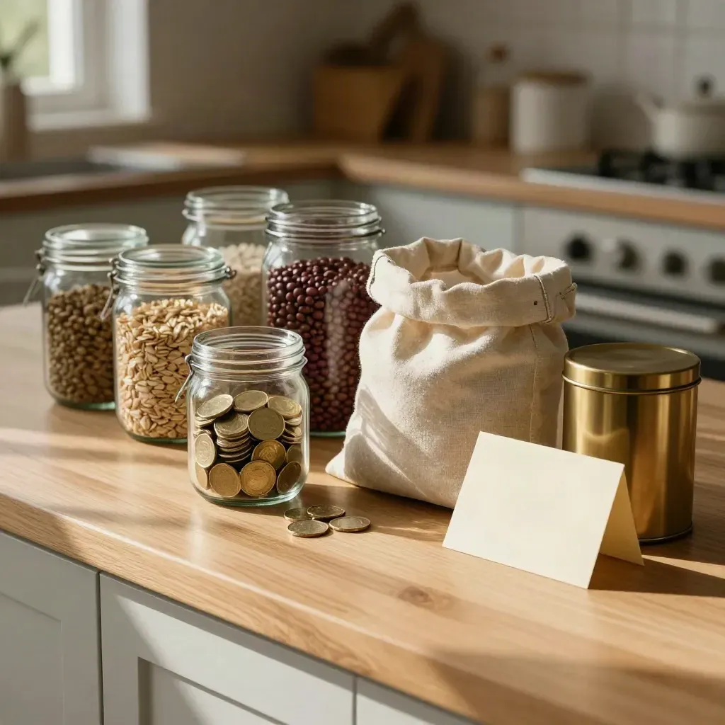Savings jar, pantry staples, and reusable cloth bags on a sunlit kitchen counter.