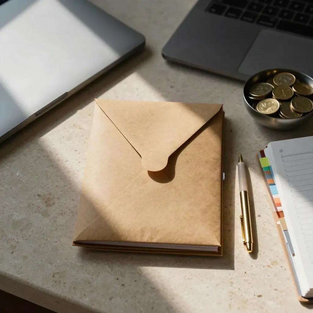 Cash-flow planner flat lay with envelopes, laptop, notebook, pen, and coins on travertine