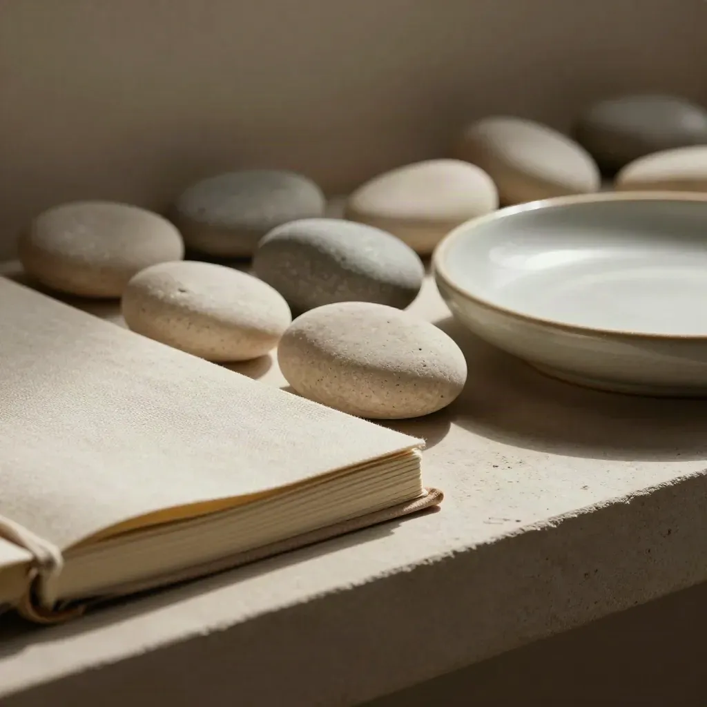 Macro of a small-wins log with stones, closed notebook, and ceramic dish on a plaster shelf.